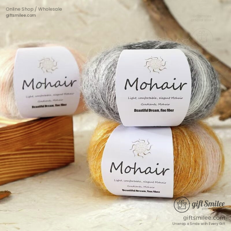 Soft mohair yarn in gray pale pink and mustard yellow with a smooth texture lightweight feel and elegant finish