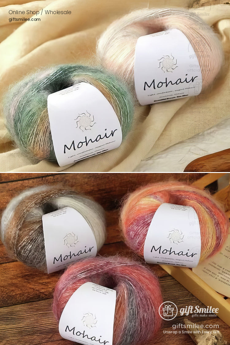 Soft mohair yarn in pastel peach sage green earthy brown and vibrant multicolor hues ideal for delicate knitting projects