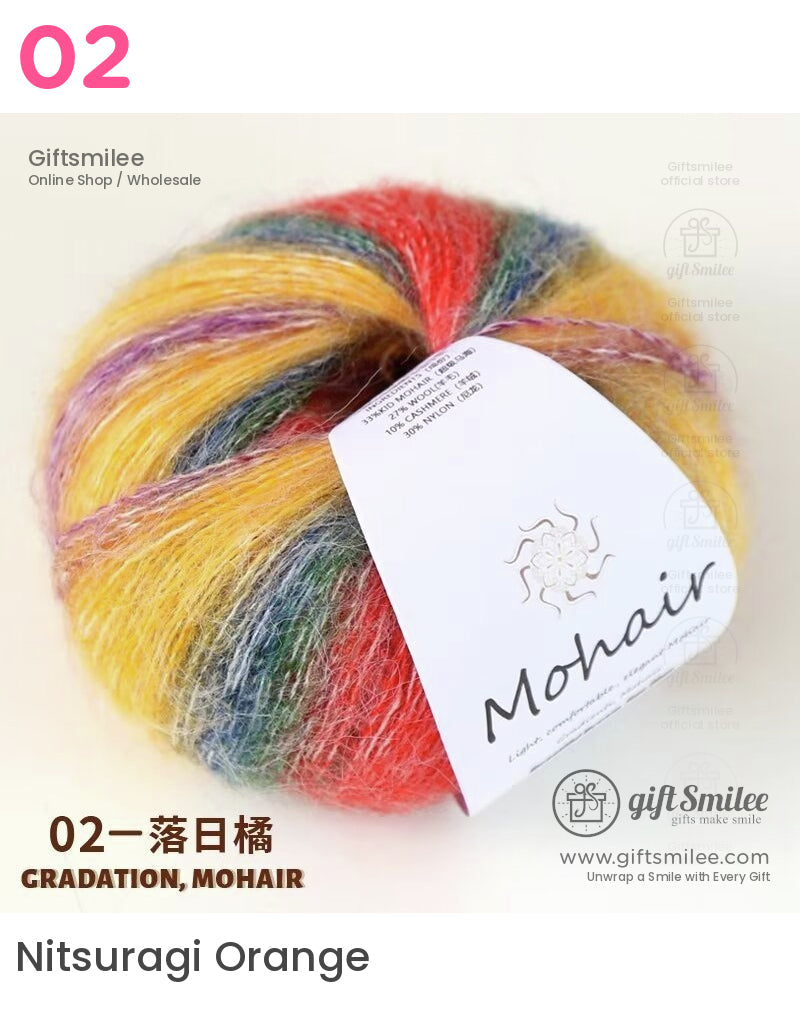 Multicolored mohair yarn with vibrant red yellow green and blue hues soft texture and gradient transitions