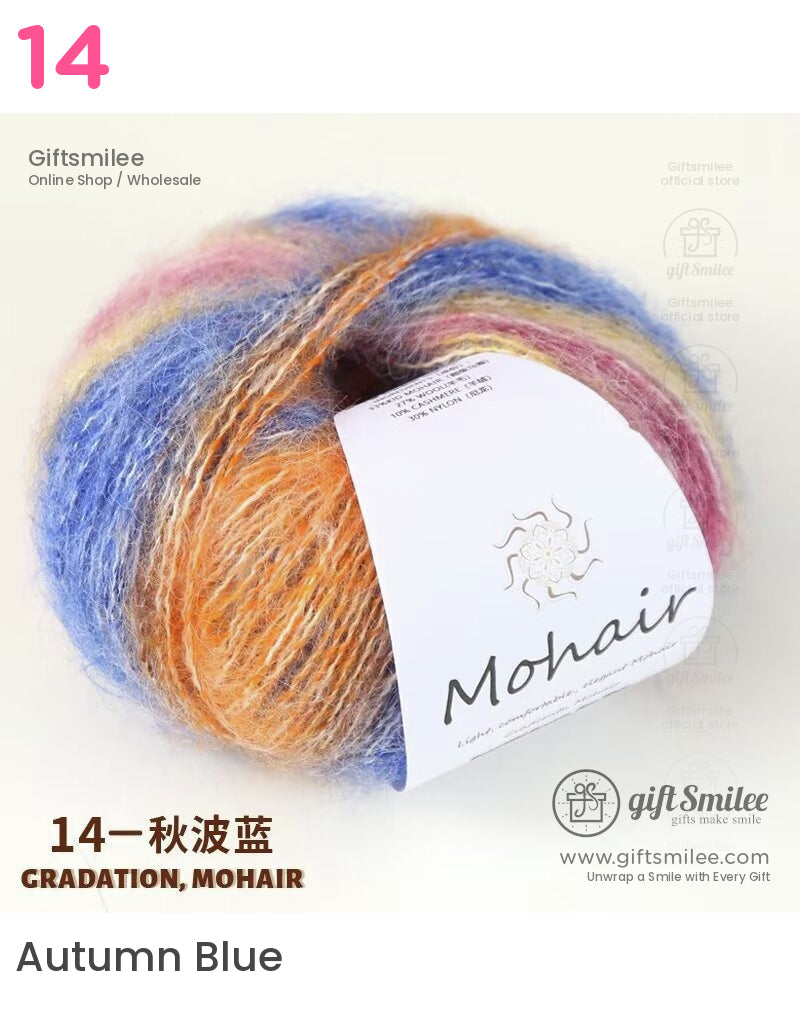 Multicolored gradient mohair yarn in blue orange yellow and pink tones with a soft fluffy texture