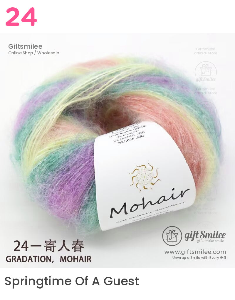Multicolor gradient mohair yarn with soft pastel hues of green pink yellow and purple lightweight texture