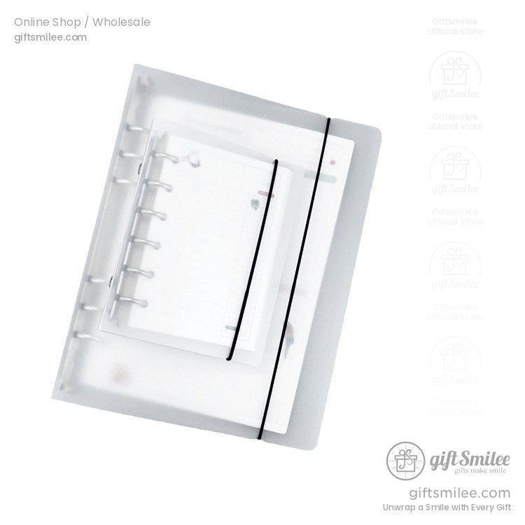 Transparent frosted plastic notebook with ring binding elastic closure strap and refillable white pages