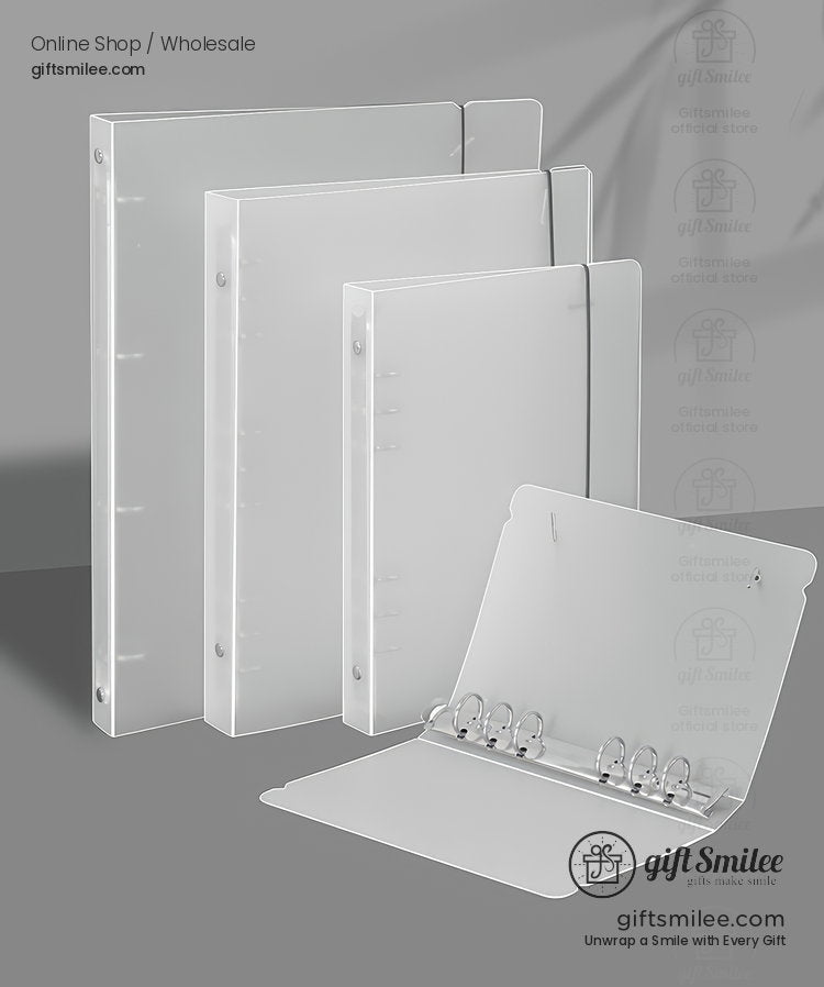 Transparent frosted plastic binders in various sizes with durable snap closures and sturdy threering mechanisms