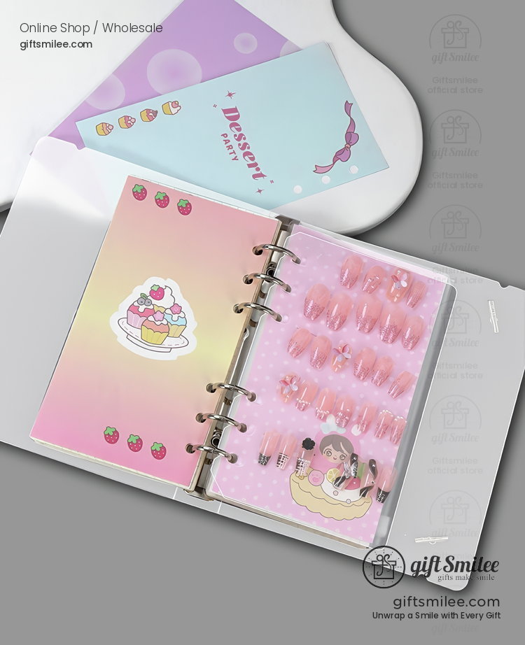 Pastel gradient binder with dessertthemed pages pink presson nails and a whimsical cupcake motif design