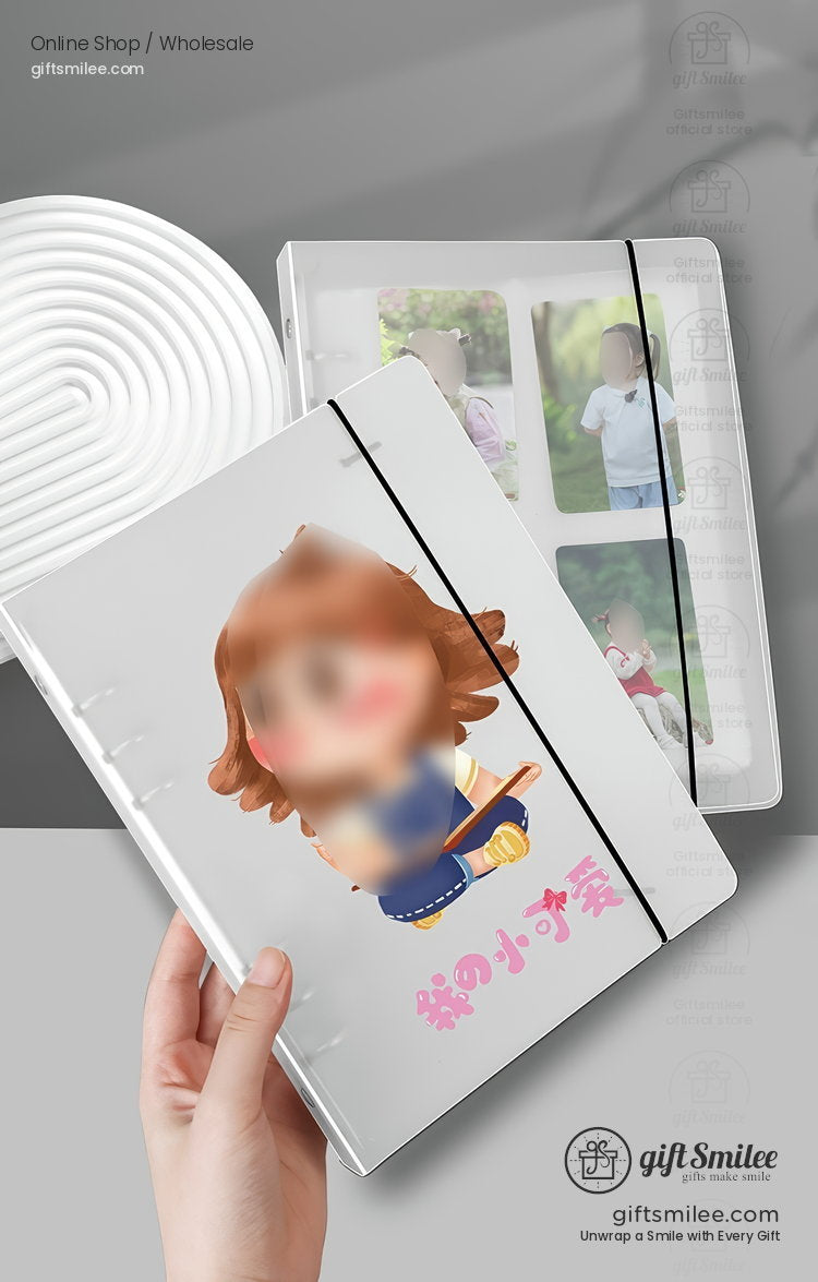 Transparent plastic photo album with elastic band cartoon character cover and gridstyle photo slots