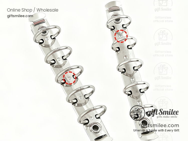 Silver metal binder spine with adjustable rings and highlighted locking mechanism for secure document organization