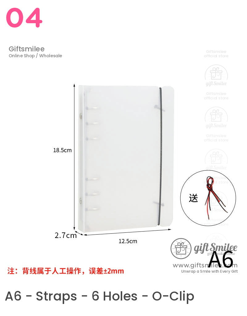 Transparent A6 notebook cover with looseleaf binding elastic black strap rounded edges and red bookmark cord