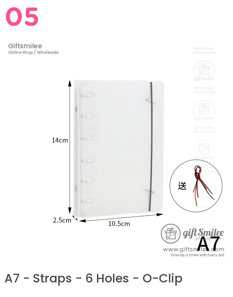 Transparent A7 notebook cover with elastic black band 6ring binder design compact size 14x105x25 cm includes red cords