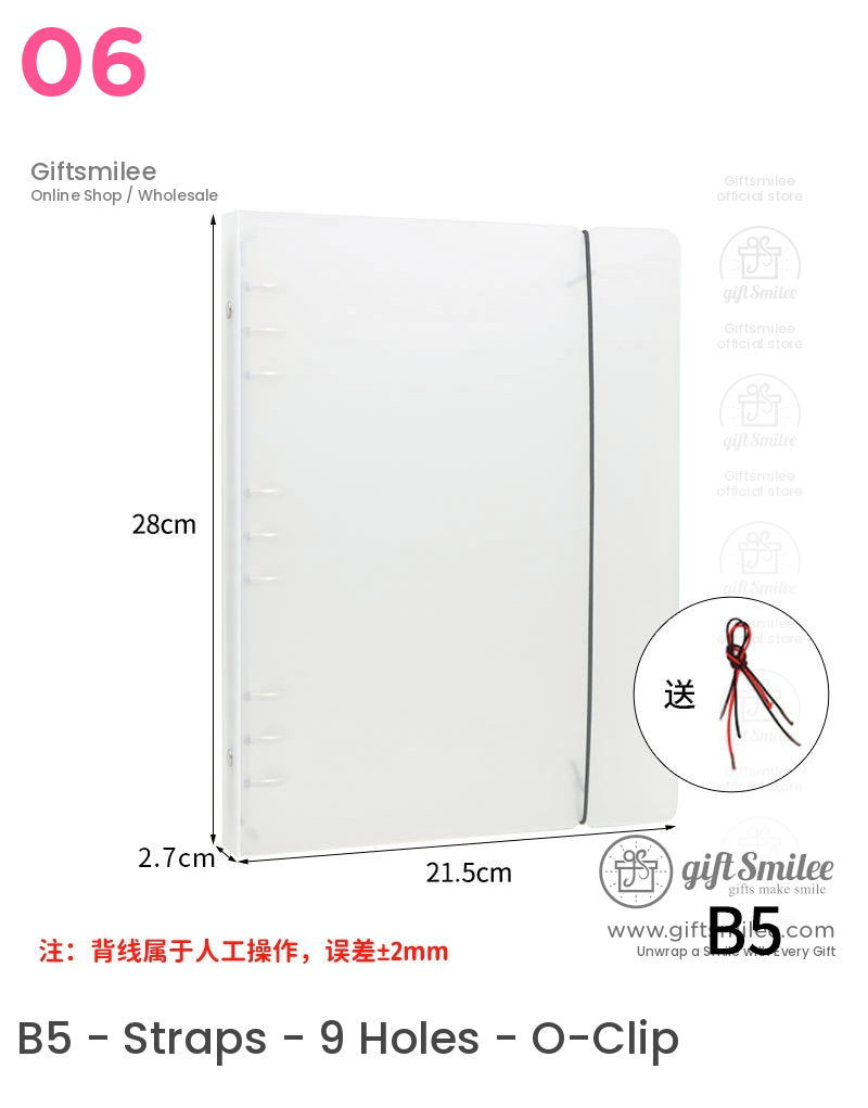Frosted white B5 plastic binder with elastic band closure 28cm x 215cm lightweight and durable design