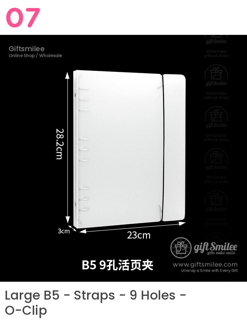 White B5 9ring binder with elastic strap durable plastic cover and precise dimensions labeled on a black background