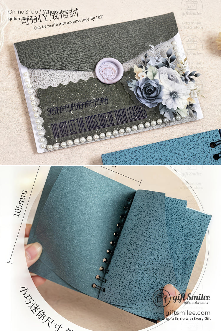 DIY gray envelope-style card with blue and white floral embellishments and pearl trim
