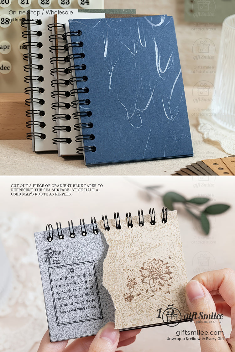 Small spiral-bound notebooks with textured blue and neutral covers, styled on a desk—aesthetic mini journals for stationery lovers.