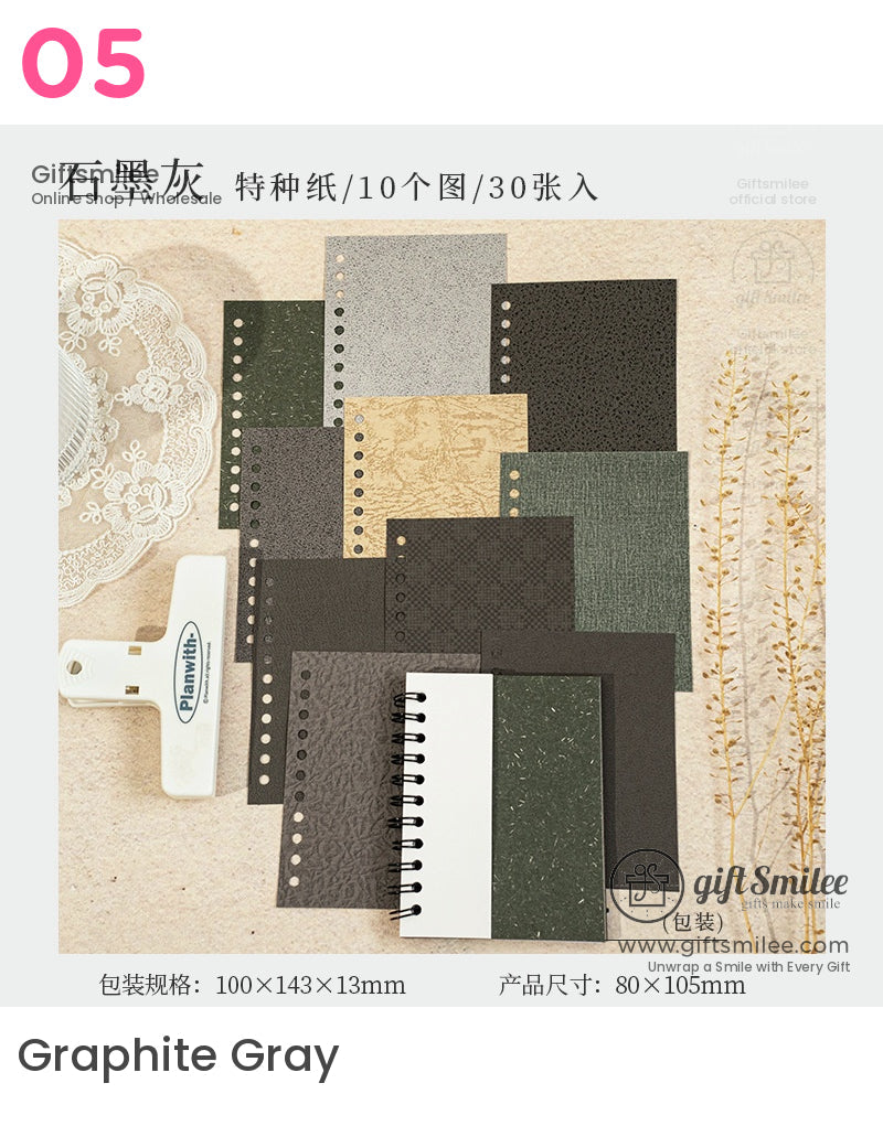 Graphite Gray scrapbook paper set – 10 designs, 30 sheets, A6/80×105mm, textured neutral tones for planners and journaling