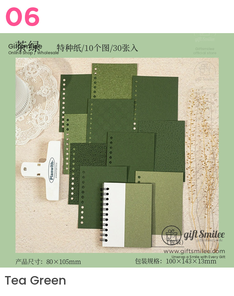Tea Green planner refill paper set – 80×105mm, 30 sheets in assorted textured green tones with notebook and hole-punched pages for binders