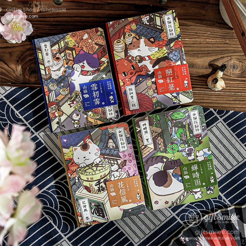 Set of colorful tea packaging featuring playful cat illustrations traditional Japanese motifs and vibrant designs