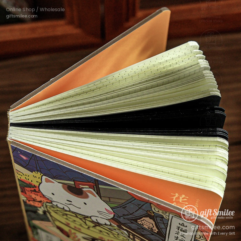 Set of colorful tea packaging featuring playful cat illustrations traditional Japanese motifs and vibrant designs