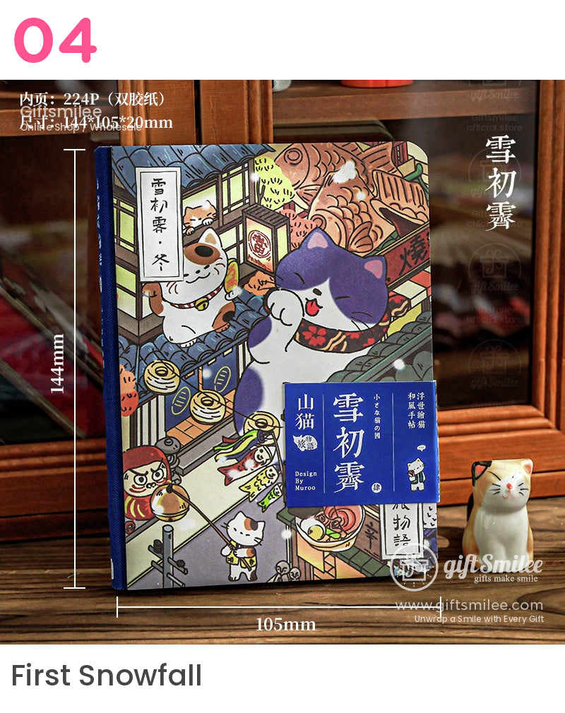 Colorful hardcover notebook with whimsical cat illustrations blue spine and Japaneseinspired street market design