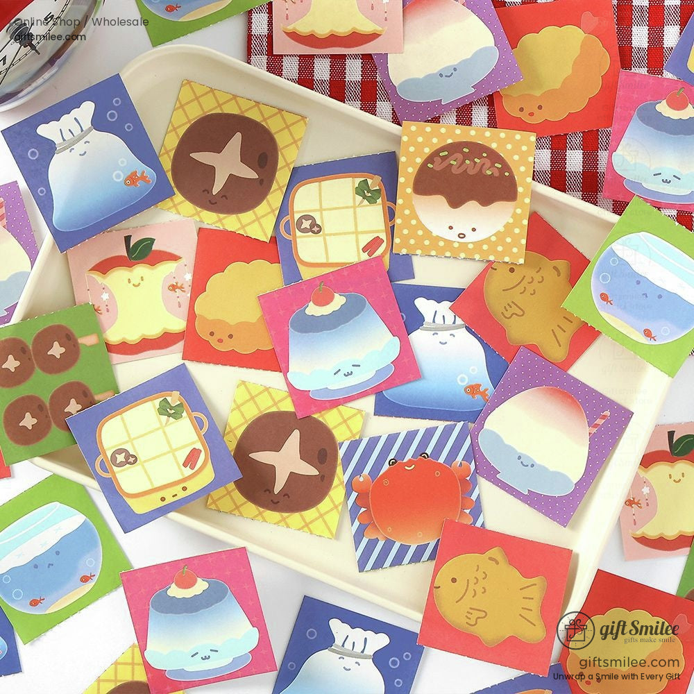 Colorful kawaii Japanese food-themed stickers on a vibrant background, perfect for journaling and crafts