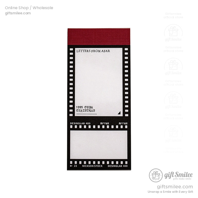 Vintage film strip sticky notes memo pad with red header, black frame, and blank white sections for writing – Giftsmilee stationery product.