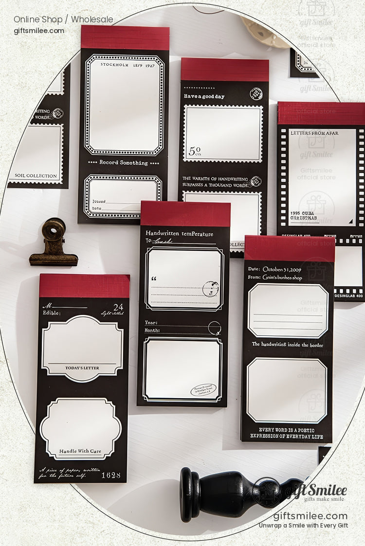 Vintage black and red memo notepads and labels set for journaling and scrapbooking, flat lay product photo on white background.