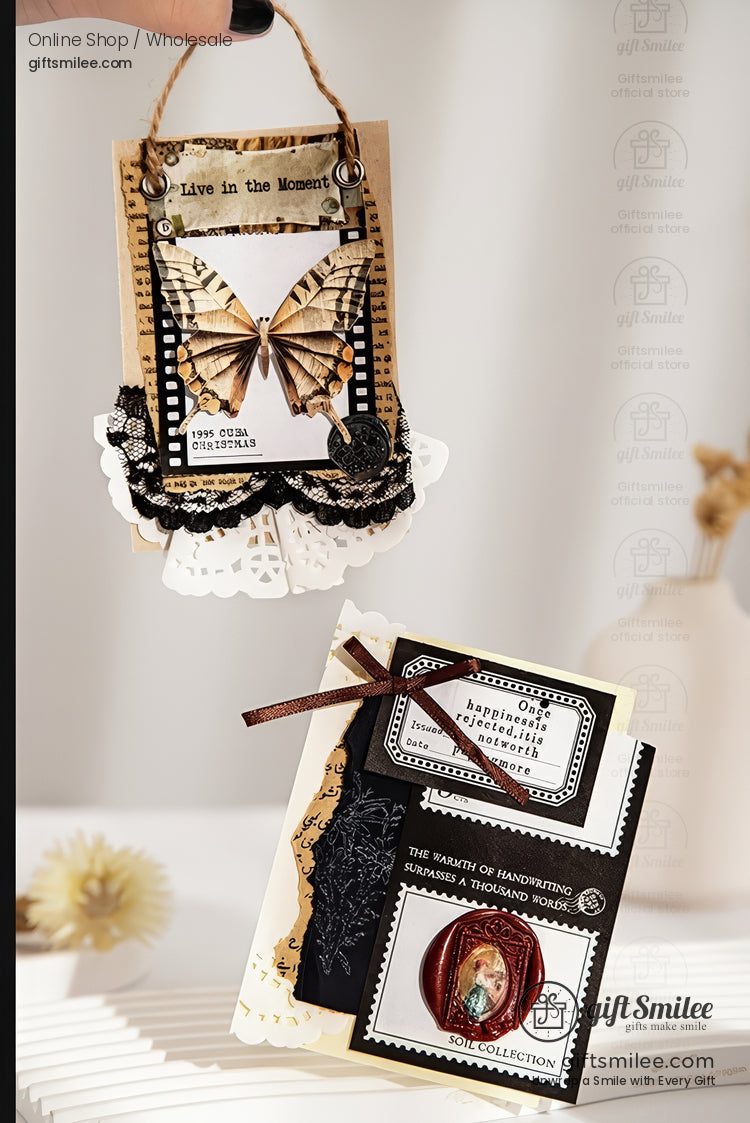 Vintage handmade scrapbook cards with butterfly and lace embellishments on neutral background, product display for craft supplies and journaling ephemera.