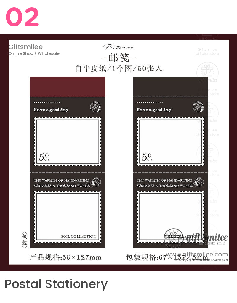 Vintage-style postal stationery sticky notes set, black and burgundy stamp design, 56×127 mm, 50 sheets per pack by Giftsmilee