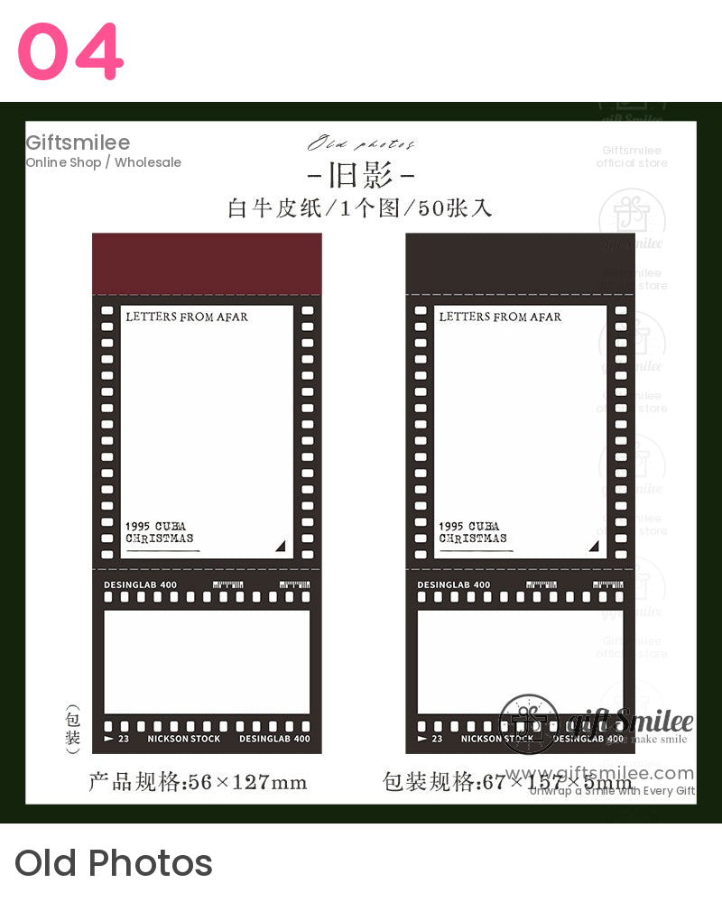 Vintage film strip sticky notes set, “Old Photos” design for journaling and scrapbooking, 56×127mm, Giftsmilee brand.