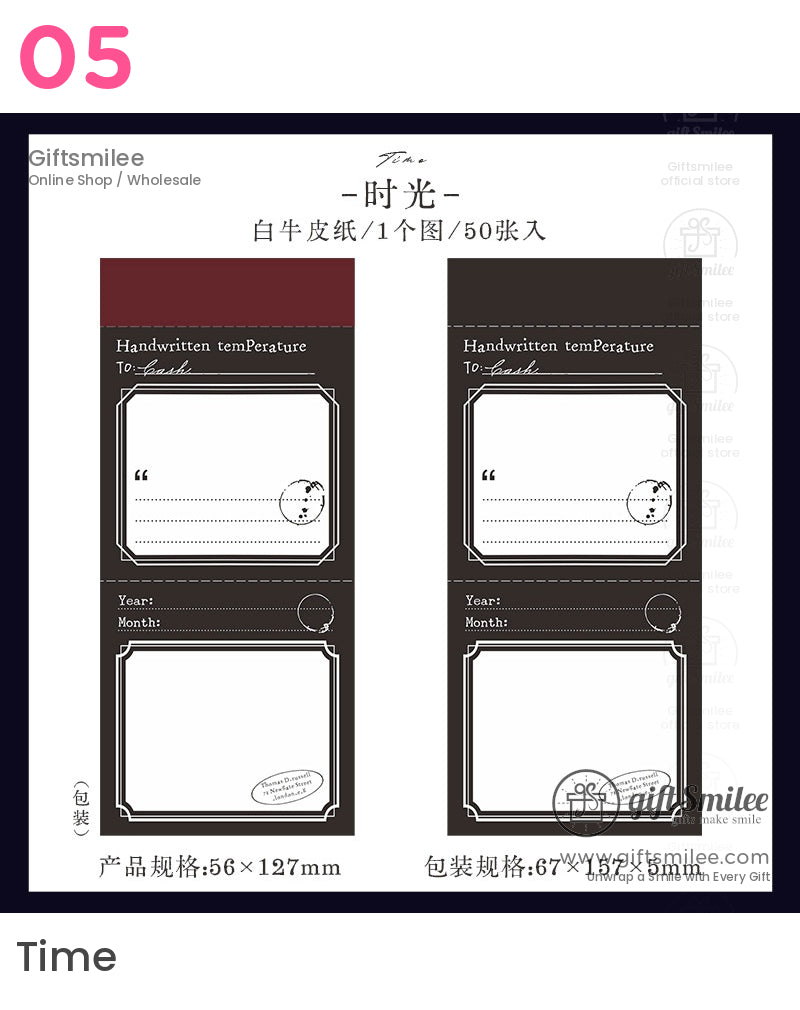 Vintage “Time” themed black-and-white journal label stickers, 56×127mm, 50 sheets — Giftsmilee stationery for planners and scrapbooking.