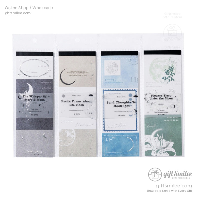 Moon-themed aesthetic sticky notes set – pastel memo pads with celestial designs and poetic quotes, Giftsmilee stationery for journaling and scrapbooking.