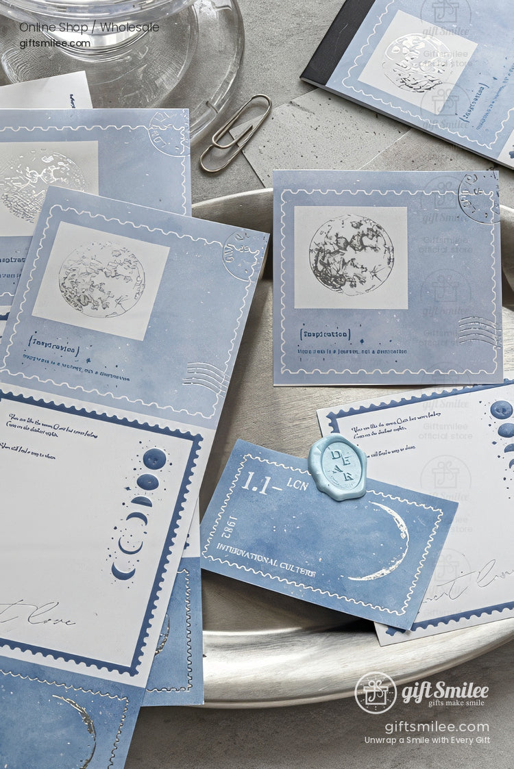Blue celestial-themed stationery set with moon phases, wax seal, and postcard-style designs on a silver tray, by giftsmilee.com