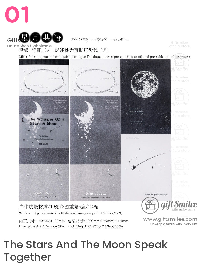 “The Stars and the Moon Speak Together silver-foil stamped kraft paper cards set with moon and star designs – giftSmile stationery”