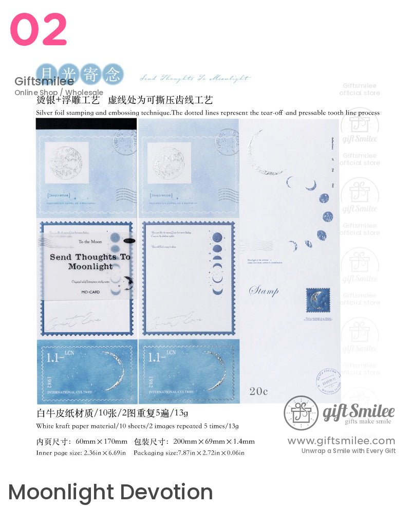 Moonlight Devotion blue stamp-style scrapbook stickers set with silver foil embossing, celestial moon phases and postcard designs by Giftsmilee.