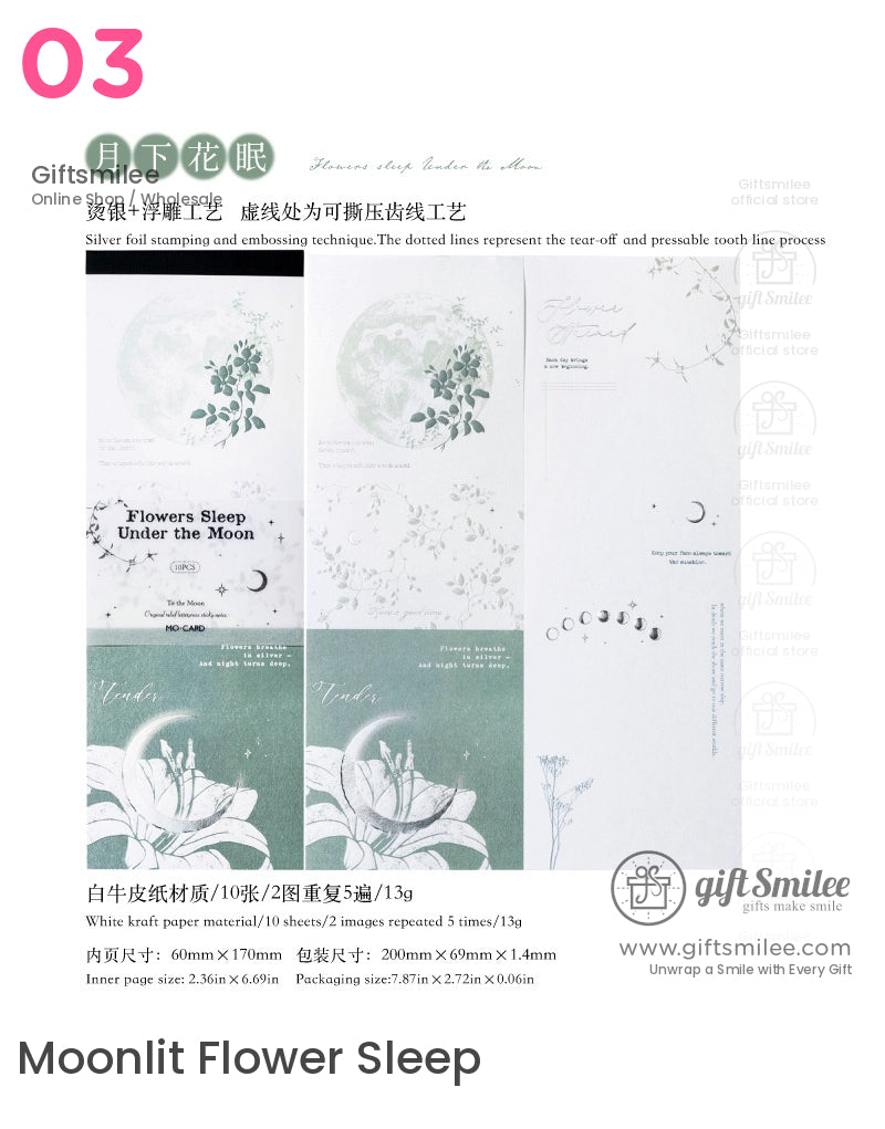 Moonlit Flower Sleep white kraft paper notepad set with silver foil stamping and botanical moon designs from Giftsmilee, 10 sheets, 60x170mm pages, stationery for journaling and scrapbooking.