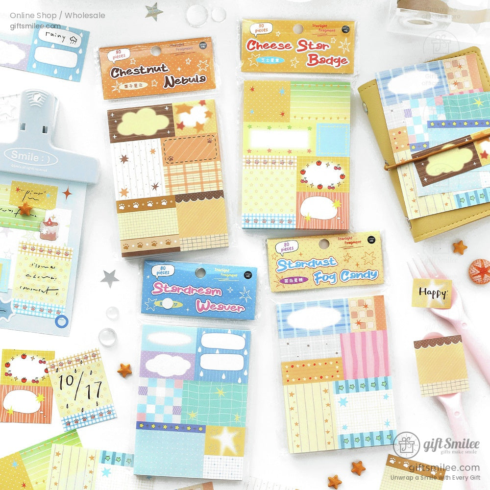 Assorted pastelthemed sticky notes with star and cloud patterns grid and stripe designs and whimsical packaging