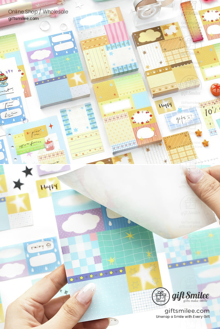 Colorful pastel sticky notes with grid cloud and star patterns ideal for journaling or organizing tasks
