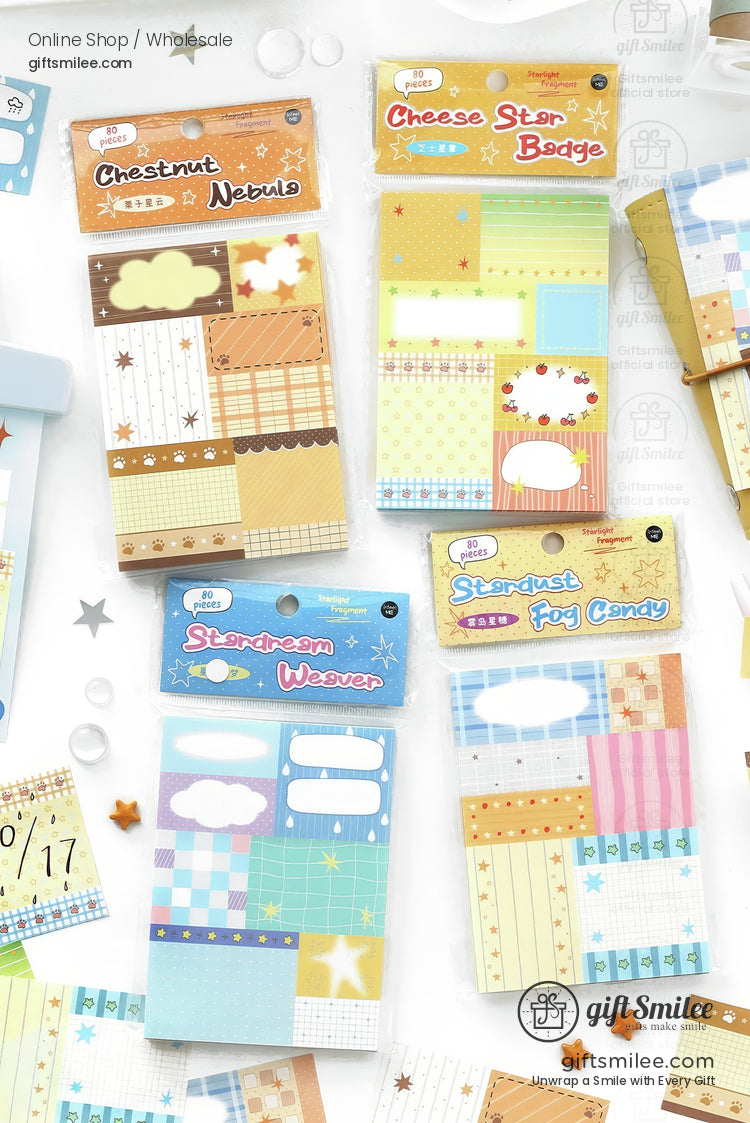 Pastel stationery sets with cloud and star patterns featuring sticky notes in yellow blue pink and brown tones