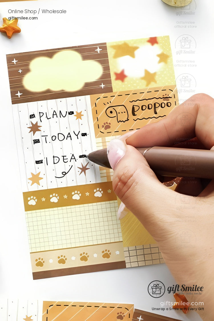 Handwriting on colorful planner stickers with stars paw prints grids and playful patterns in brown and yellow tones