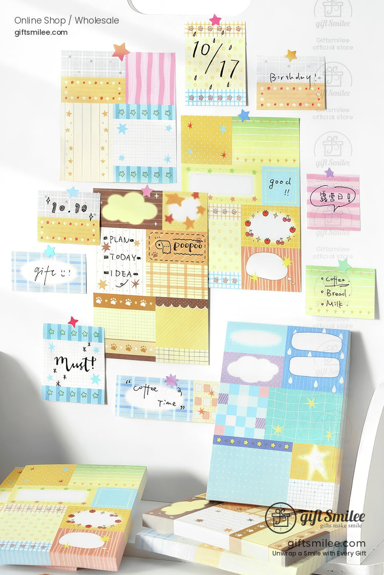 Colorful pastel sticky notes with patterns like stripes grids and stars ideal for planning and creative organization