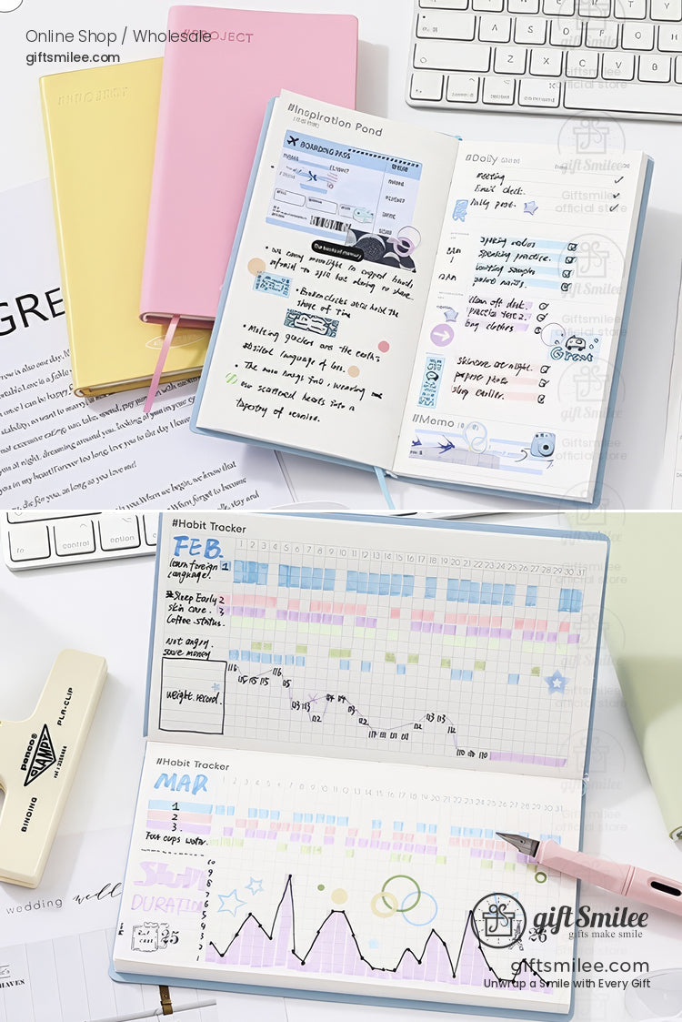 Pastel hardcover habit tracker and planner notebooks open on a desk with charts, stickers, and pen – productivity journal for organizing goals and schedules.