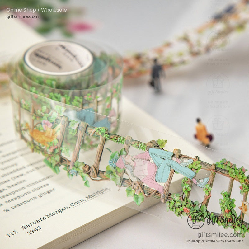 A selection of ladder-themed washi tapes featuring floral and character illustrations in vibrant colors