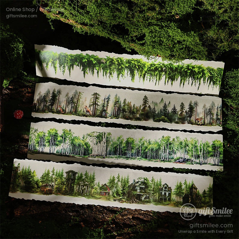 A close-up of a forest-themed washi tape roll with lush green foliage and scenic trees
