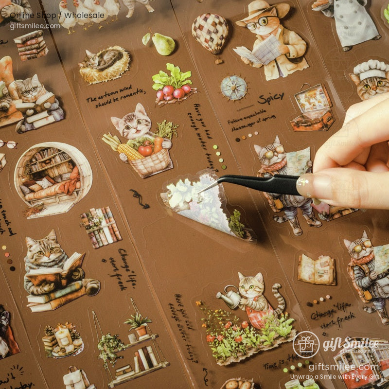 Vintage-style cat-themed stickers featuring whimsical characters in costumes for crafting and journaling