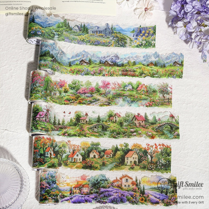 Set of vintage washi tapes featuring scenic countryside landscapes and cottages