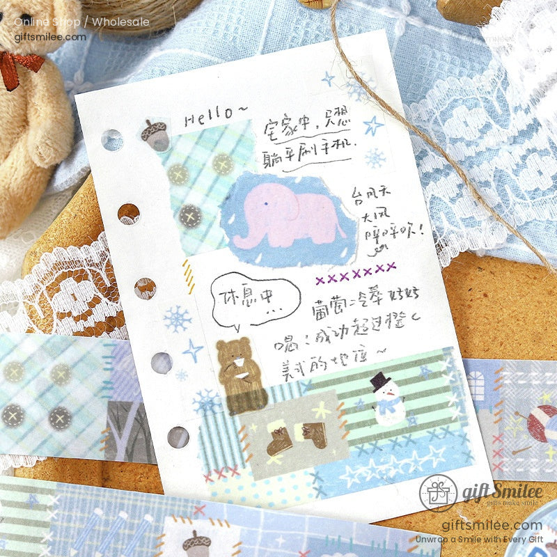 Pastel patchwork washi tape with cute designs of animals and patterns, displayed on lace and daisies