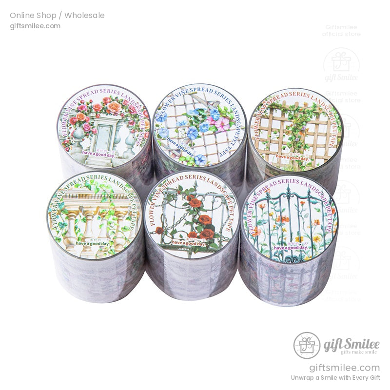 Floral garden washi tape set – decorative masking tapes with vintage gate and trellis designs for scrapbooking and crafts