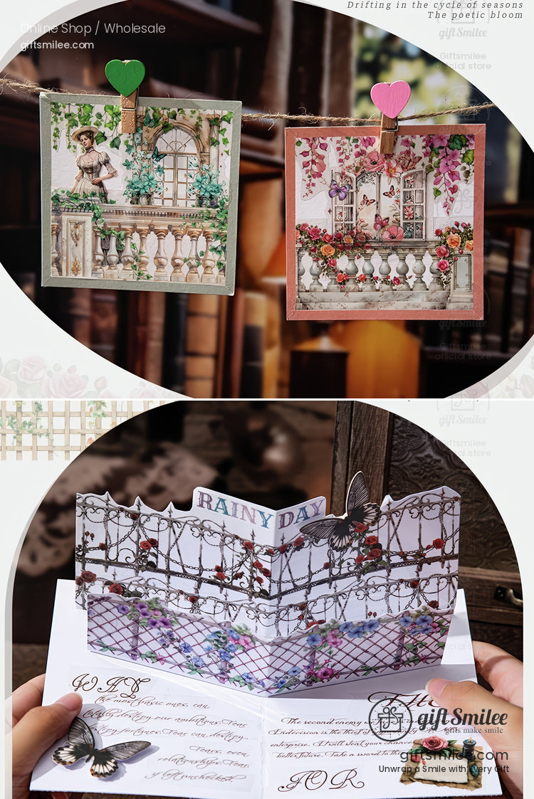 Vintage balcony-themed pop-up greeting card with floral details and “Rainy Day” design by gifSmilee, handmade stationery for scrapbooking and gifts