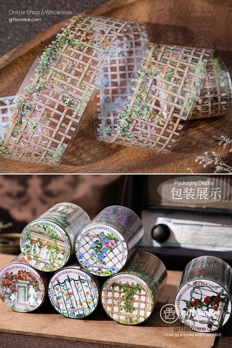 Floral garden trellis washi tape roll – transparent decorative masking tape for scrapbooking and journaling, vintage botanical design