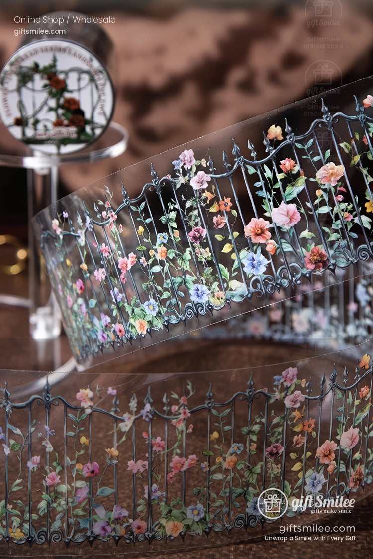 Transparent floral washi tape with vintage wrought-iron gate pattern from GiftSmilee, decorative stationery for journaling and scrapbooking.