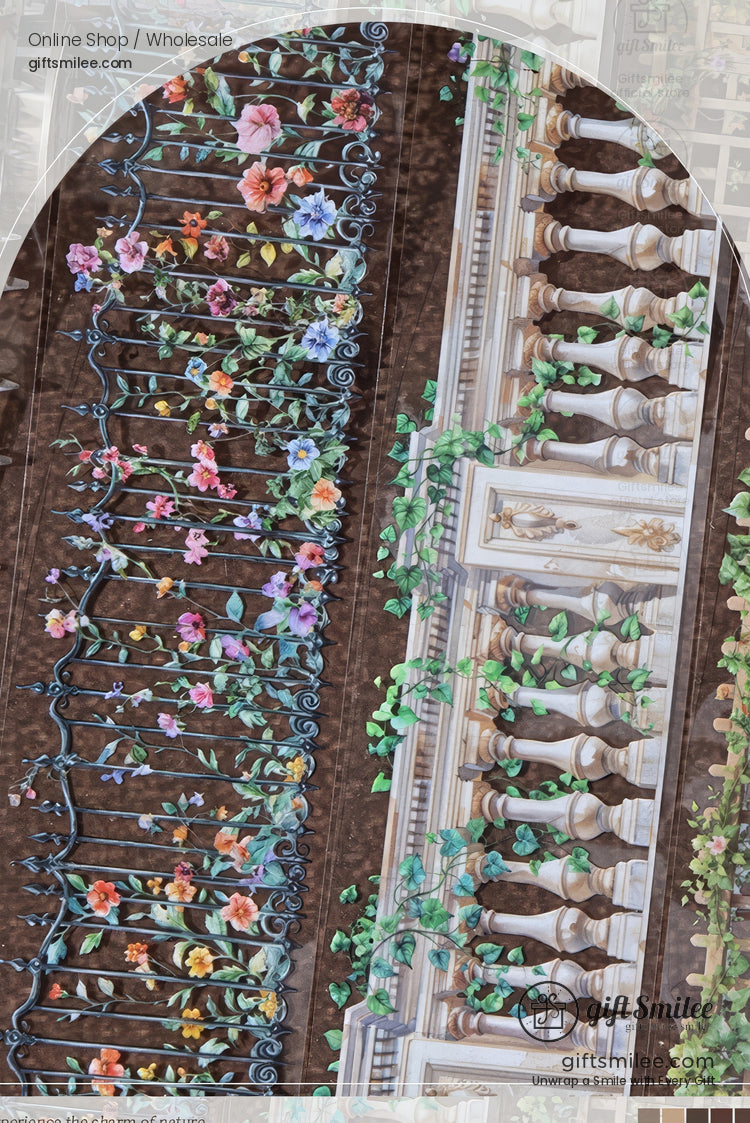 Vintage balcony railings with colorful flower vines and ivy, European architectural decor print by GiftSmilee for wall art or home decor