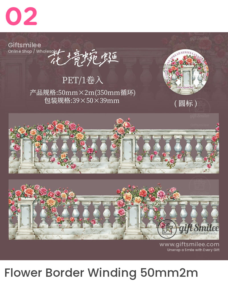 Vintage balcony washi tape with winding rose flower border, 50mm x 2m, Giftsmilee crafting sticker roll.